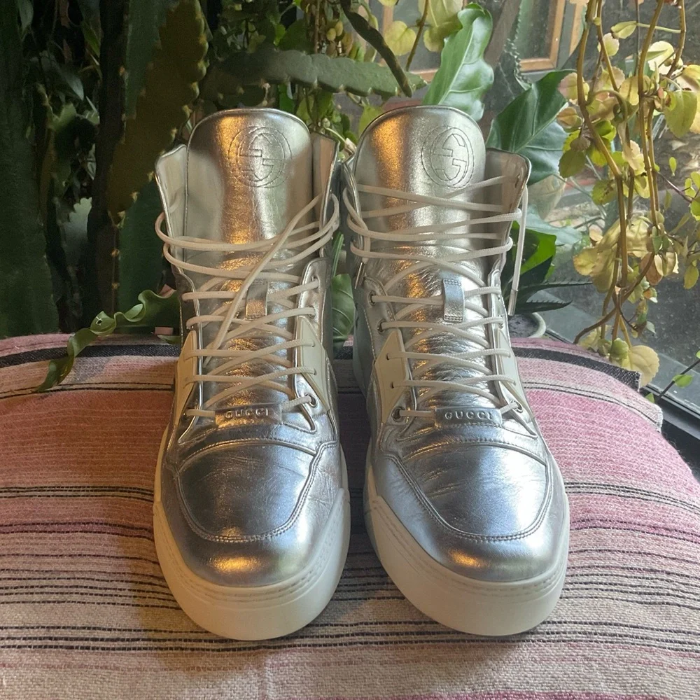 Gucci Argento Metallic Silver High Top Leather Trainers Size 14
